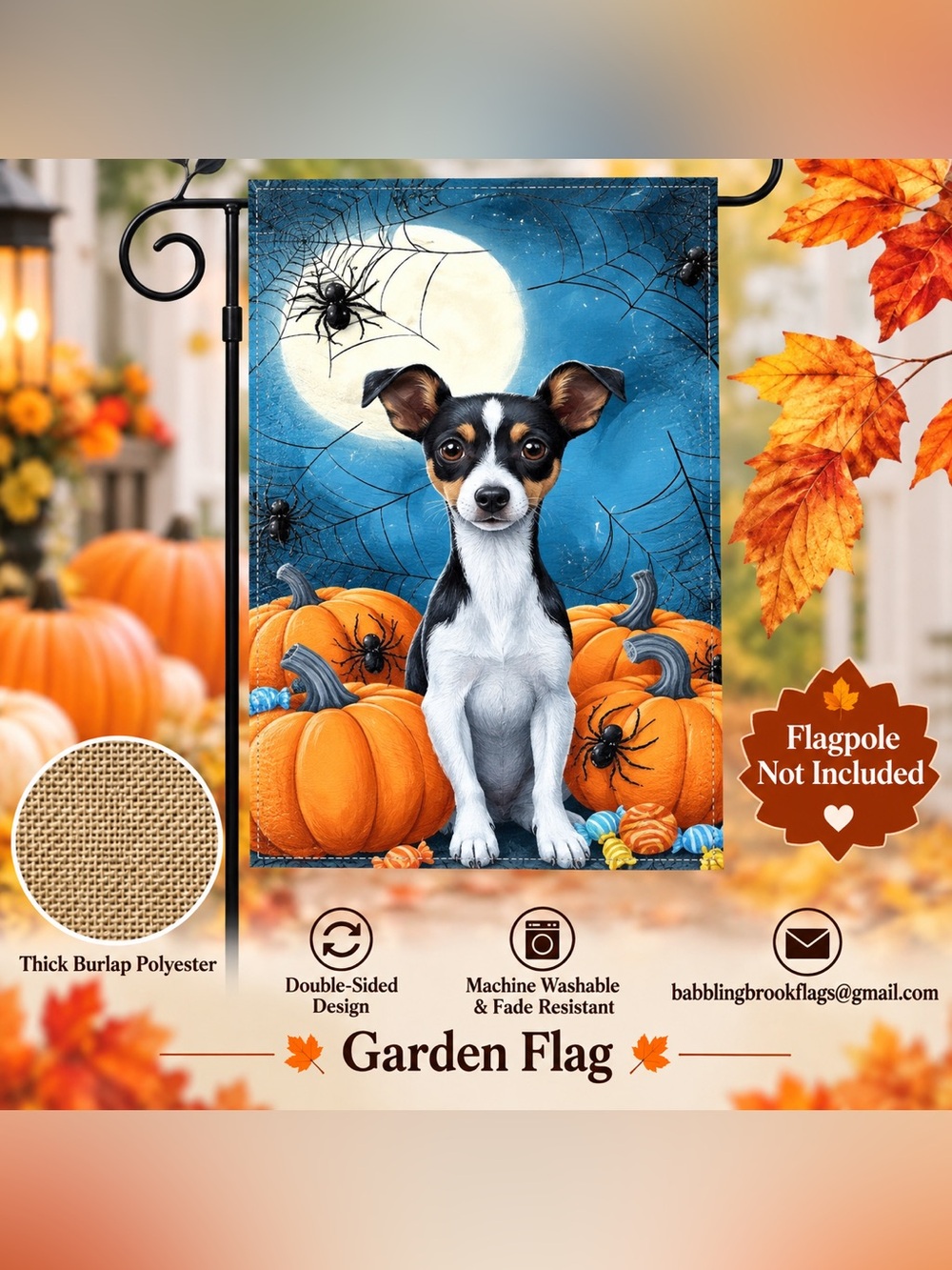 Garden Flag, Halloween Rat Terrier, Burlap polyester, double-sided, 12”x18”